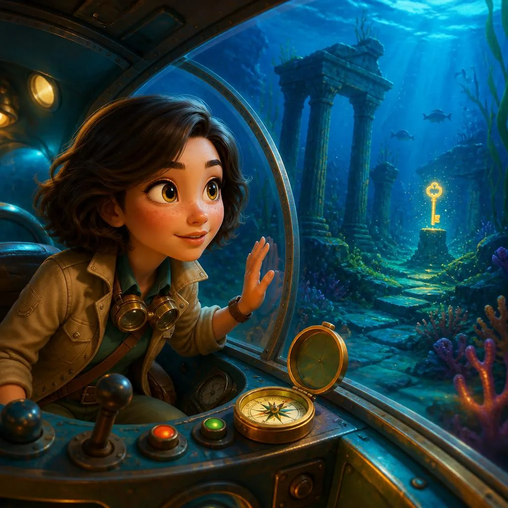 Sue peers through a submarine window at a sunken ship, from the story Sue and the Shoes at the Bottom of the Sea